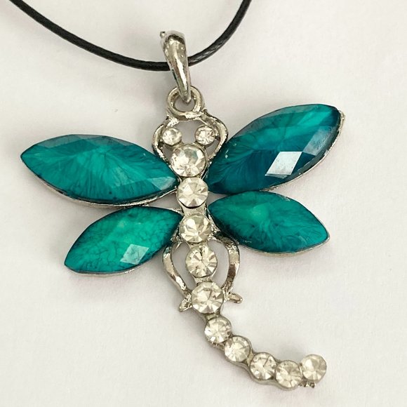 Vtg Dragonfly Necklace Pendant Insect Aqua Crystal Silver Plated Black Cord 18" - Picture 4 of 10